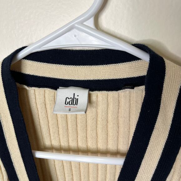 Cabi Women's Small Ribbed Knit Cardigan Sweater Cream Navy Striped Old Money - Picture 3 of 6